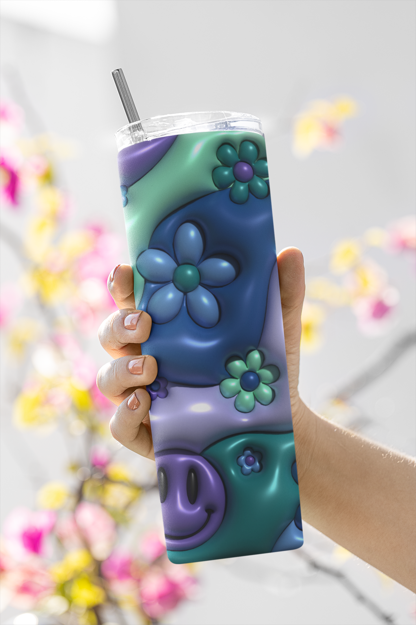 Retro Smiley Floral 20 oz Stainless-Steel Skinny Tumbler