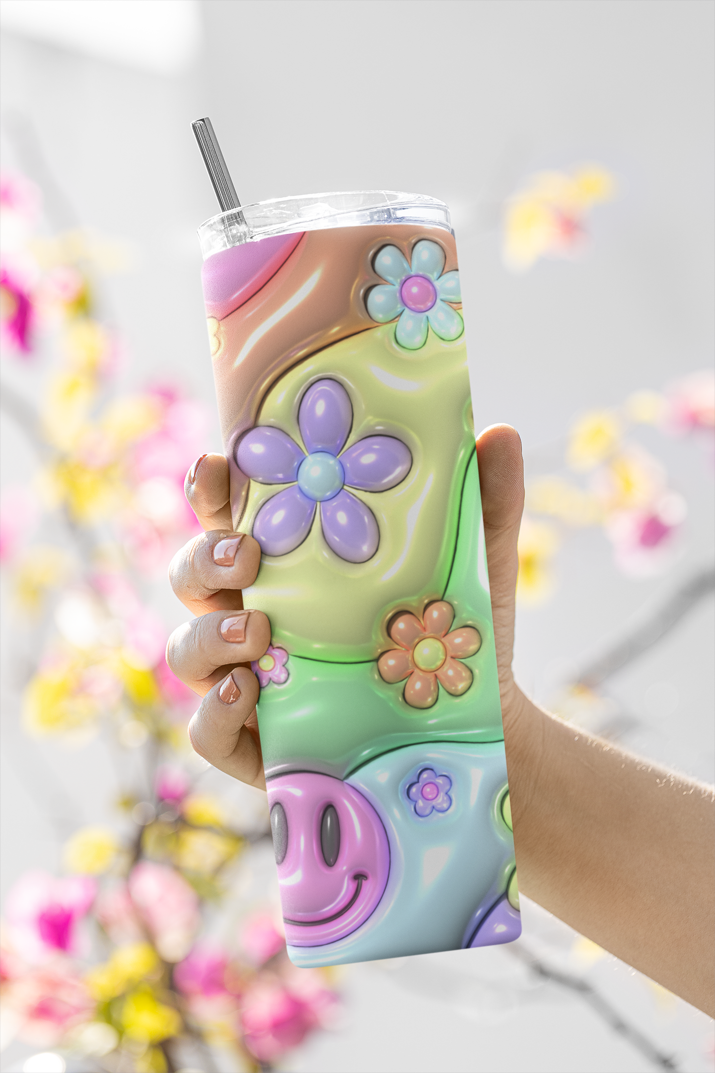 Retro Smiley Floral 20 oz Stainless-Steel Skinny Tumbler