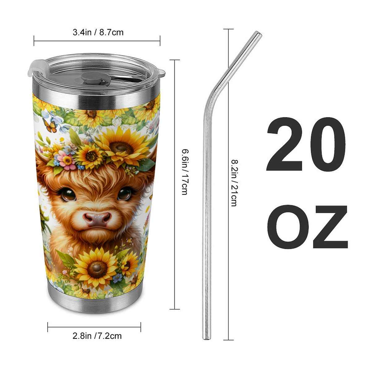 20oz Tumbler with Lid and Straw (Made in USA) baby highland cow sunflowers 20 oz
