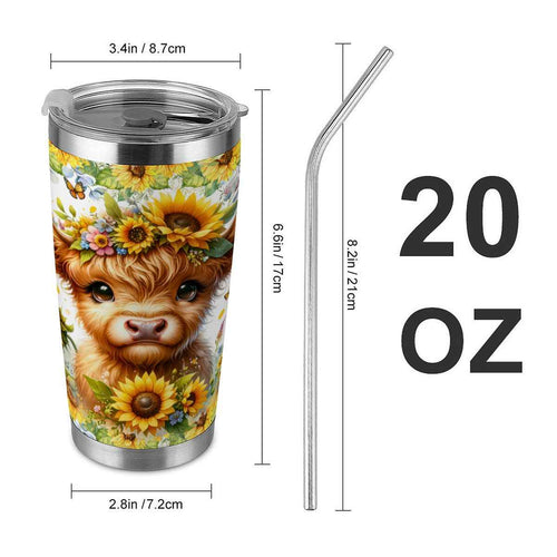 20oz Tumbler with Lid and Straw (Made in USA) baby highland cow sunflowers 20 oz
