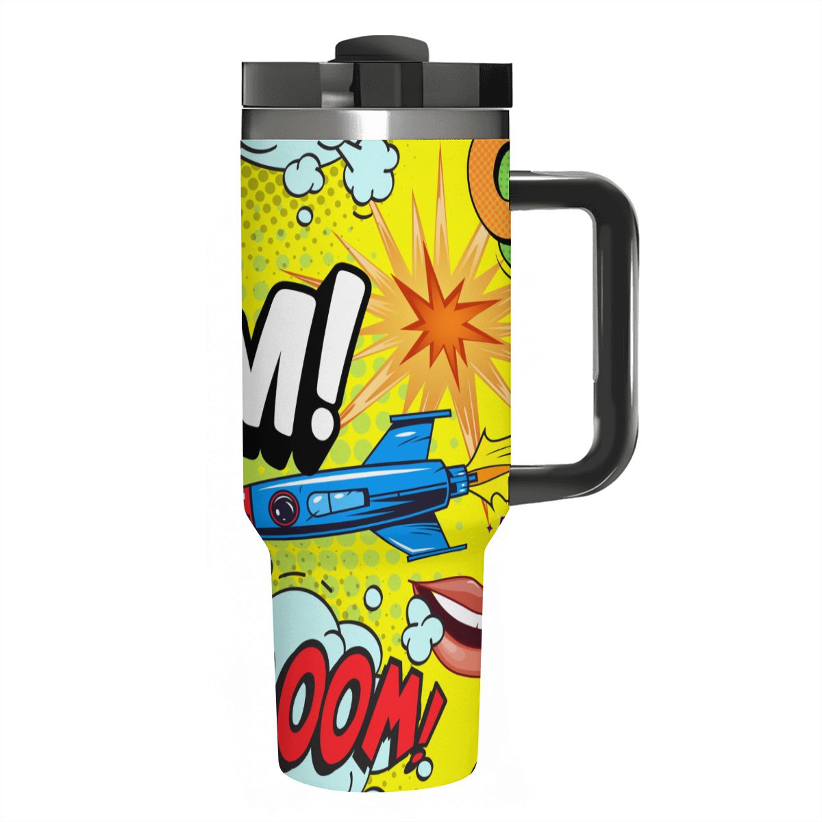 Colorful travel mug with comic book design featuring a rocket and 'BOOM!' text on a white background.