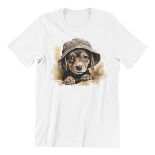 White t-shirt with a graphic of a dachshund wearing a hat on a white background