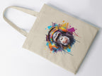 Beige tote bag with a colorful monkey design wearing headphones on a white background