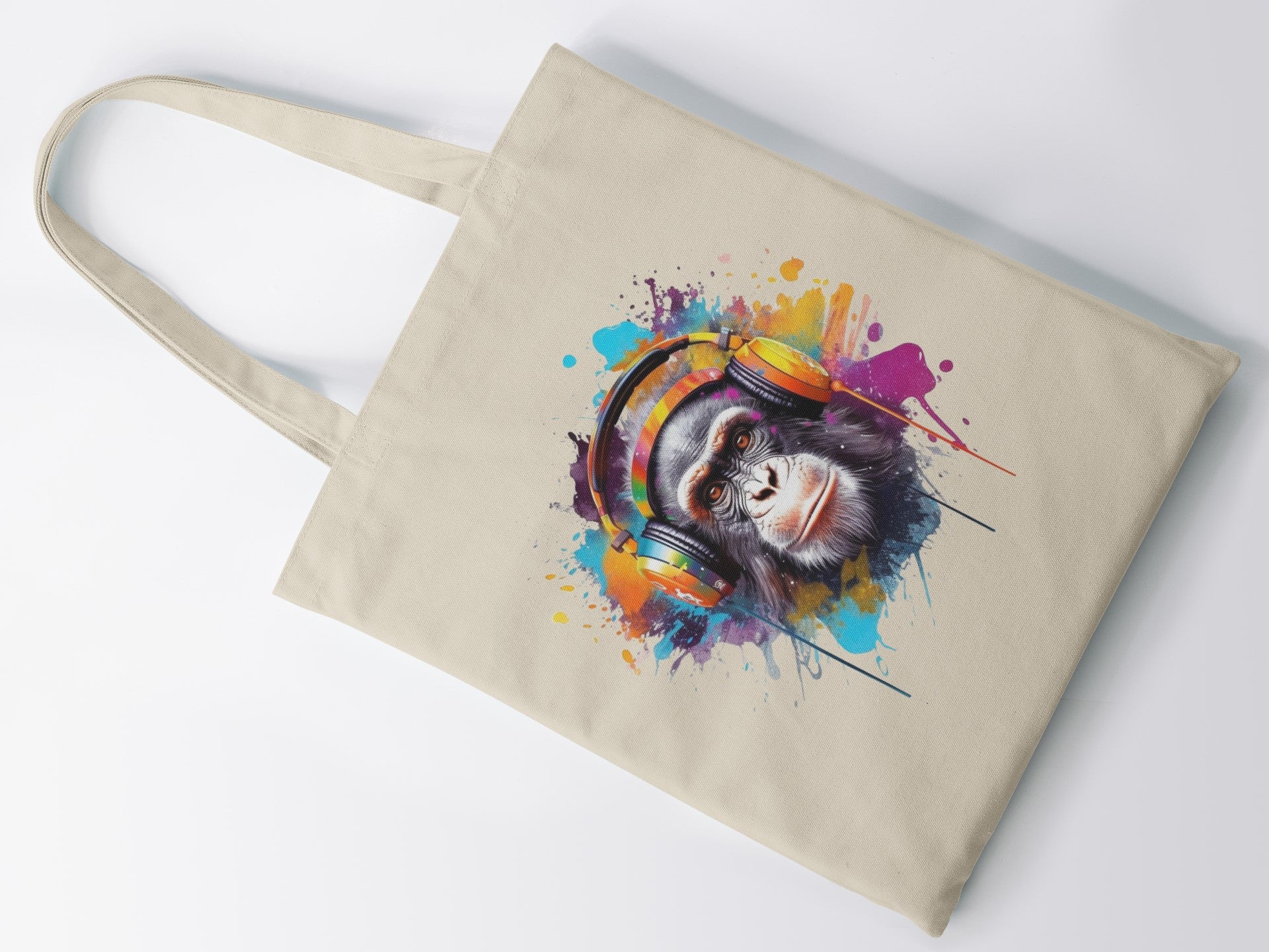 Cool Monkey Canvas Tote Bag, Colorful Headphones Design, Natural Cotton, Splash Art Style, Reusable Shopping Bag