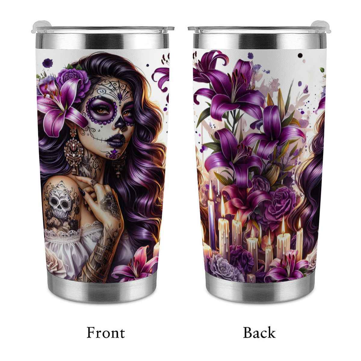20oz Tumbler with Lid and Straw (Made in USA) Purple Day Of The Dead