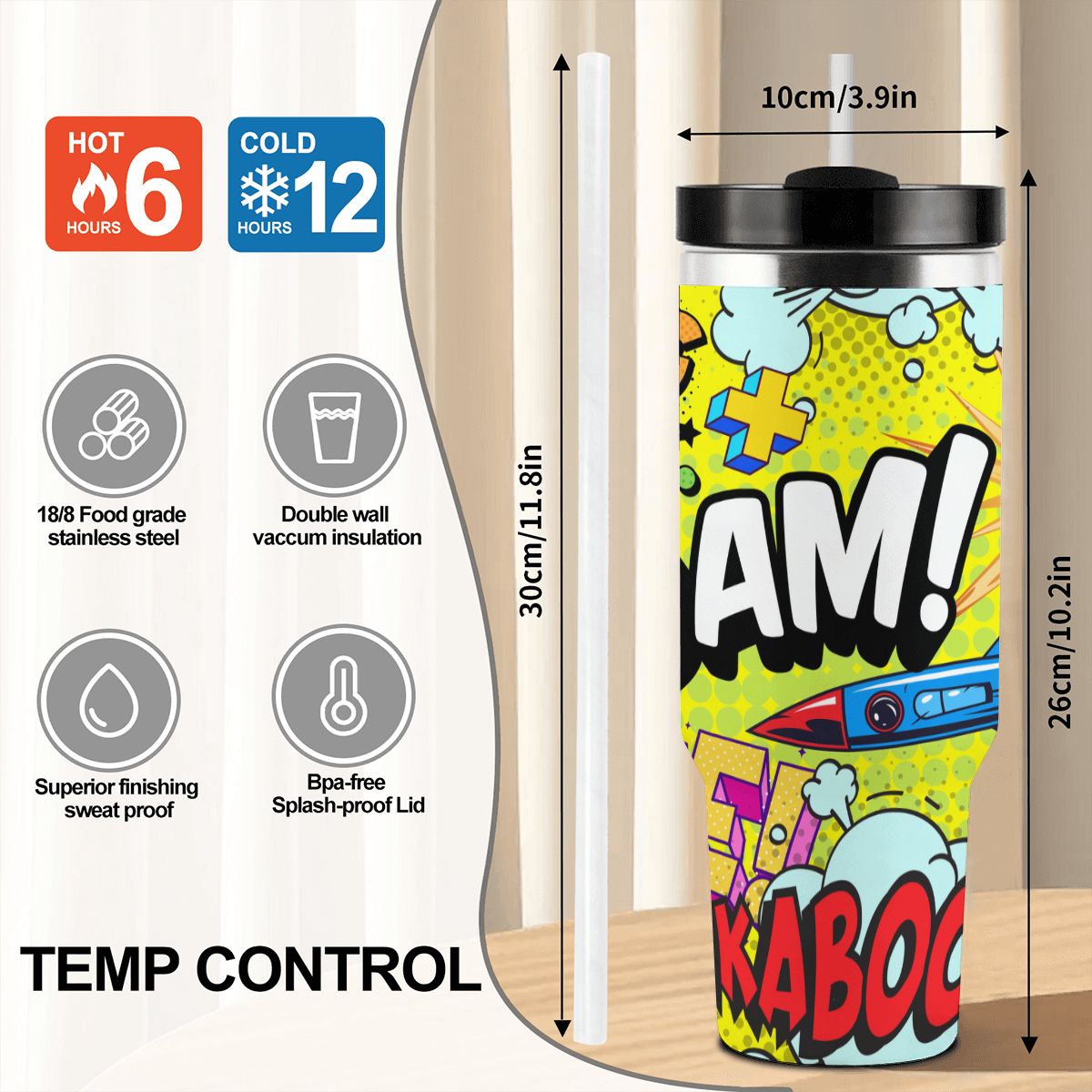Colorful tumbler with comic book design and temperature control features on a white background