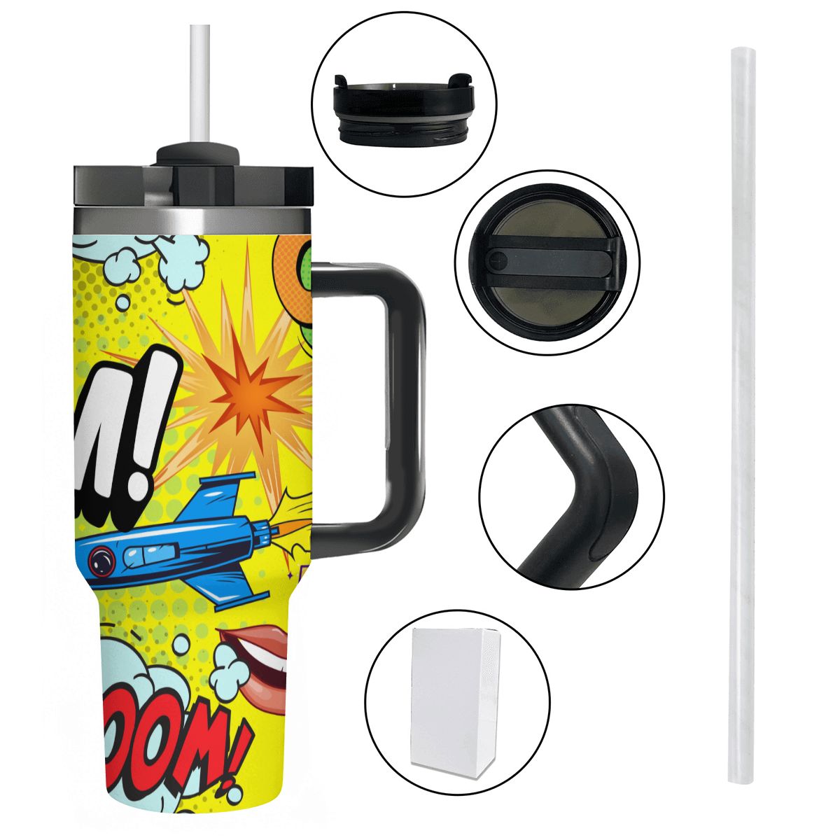 Colorful tumbler with comic book design and close-up details on a white background