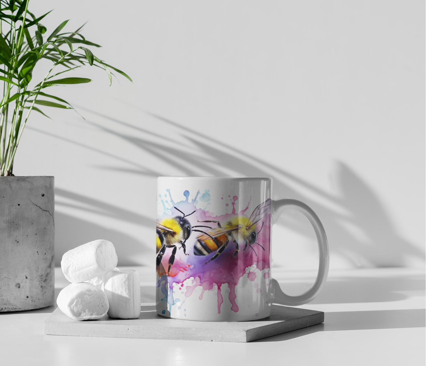 Artistic Honeybee Coffee Mug, White Ceramic with Yellow and Pink Watercolor Design