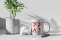 White mug with 'PRAY' printed on it, concrete planter, and white stones on a light surface.