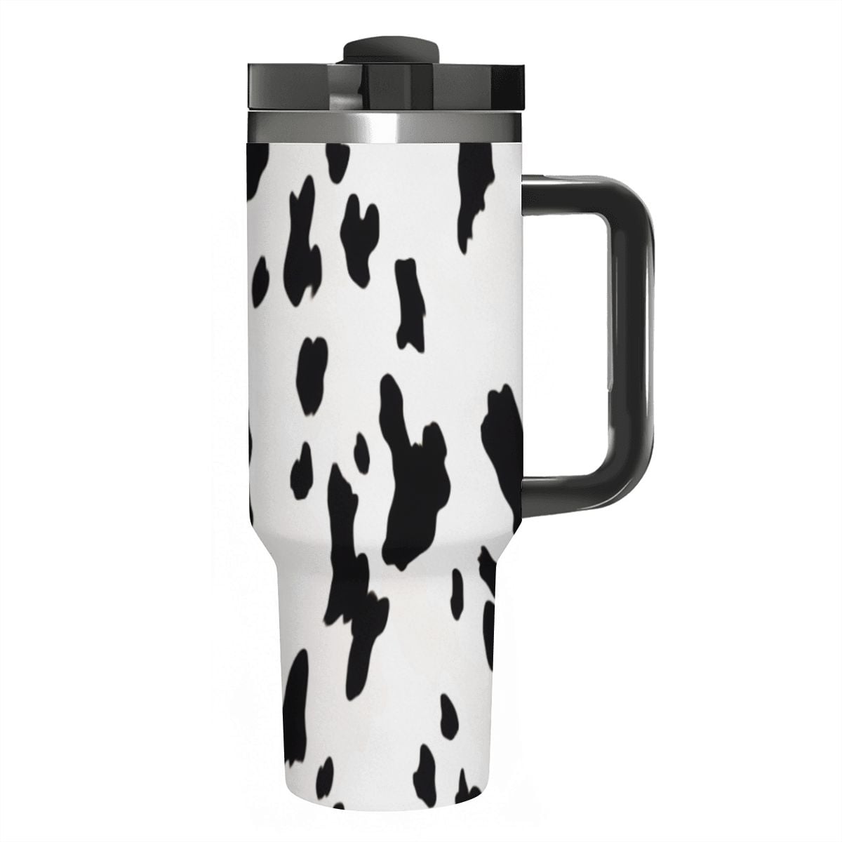 Travel mug with black and white cow print pattern on a white background