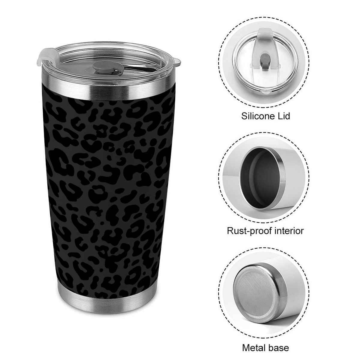 20oz Tumbler with Lid and Straw (Made in USA) Black Leopard Pattern