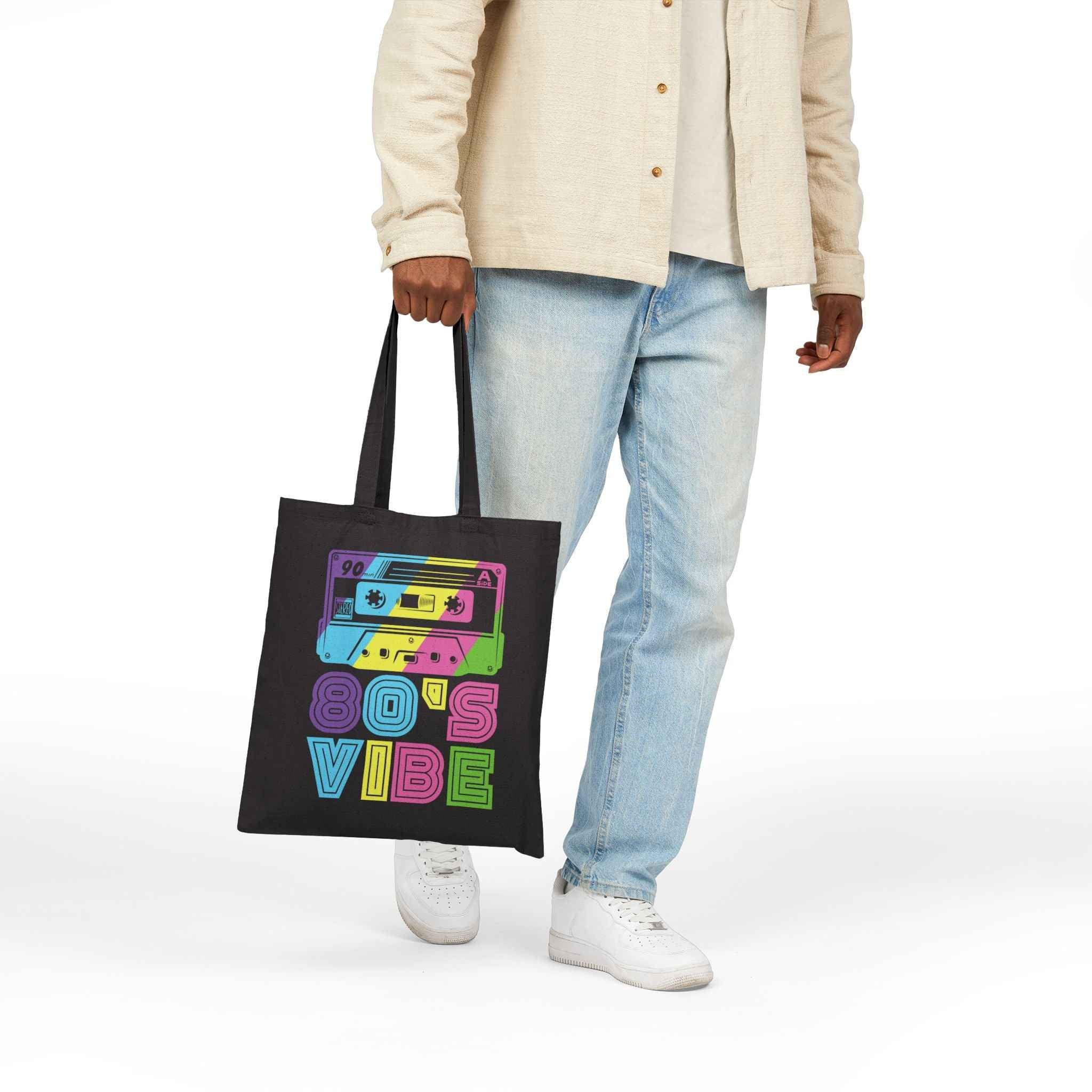 80's Vibe Retro Cassette Tote Bag — Neon 1980s Music Canvas Tote