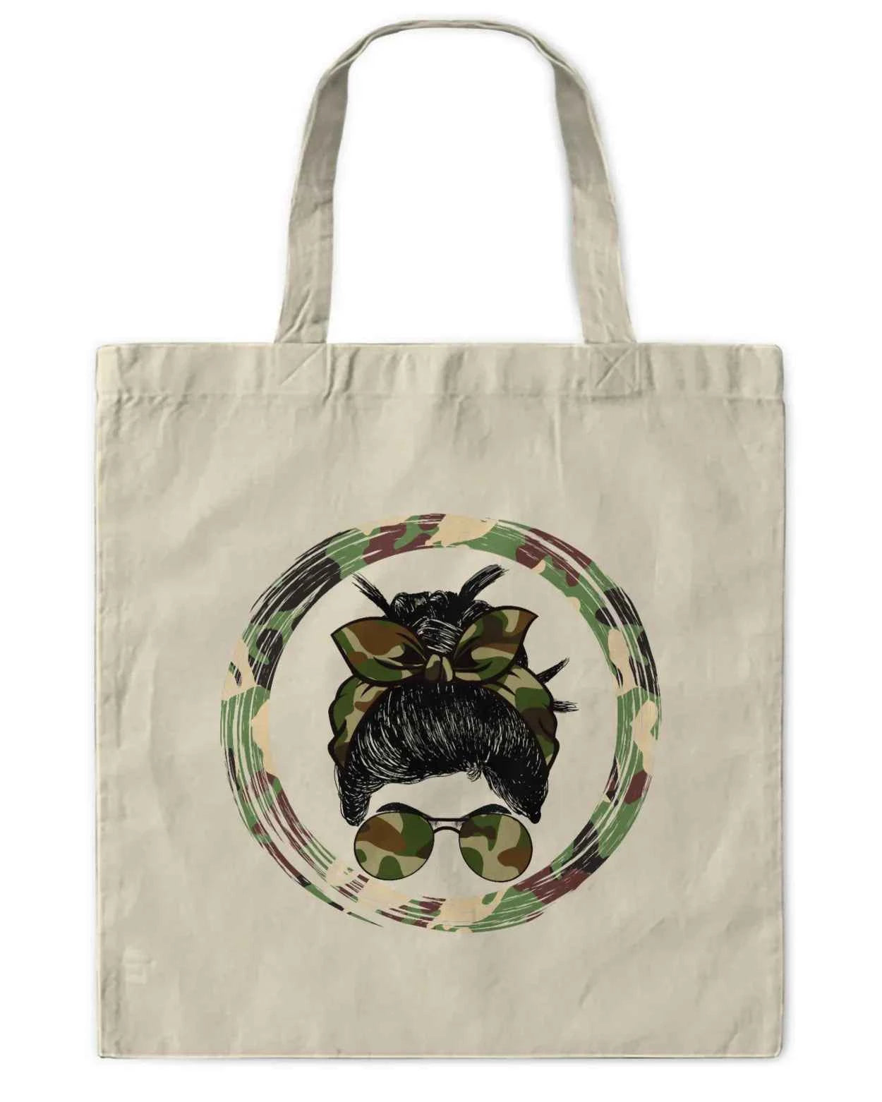 Camo Army Messy Bun Reusable Tote Bag, Shopping Bag with Handles