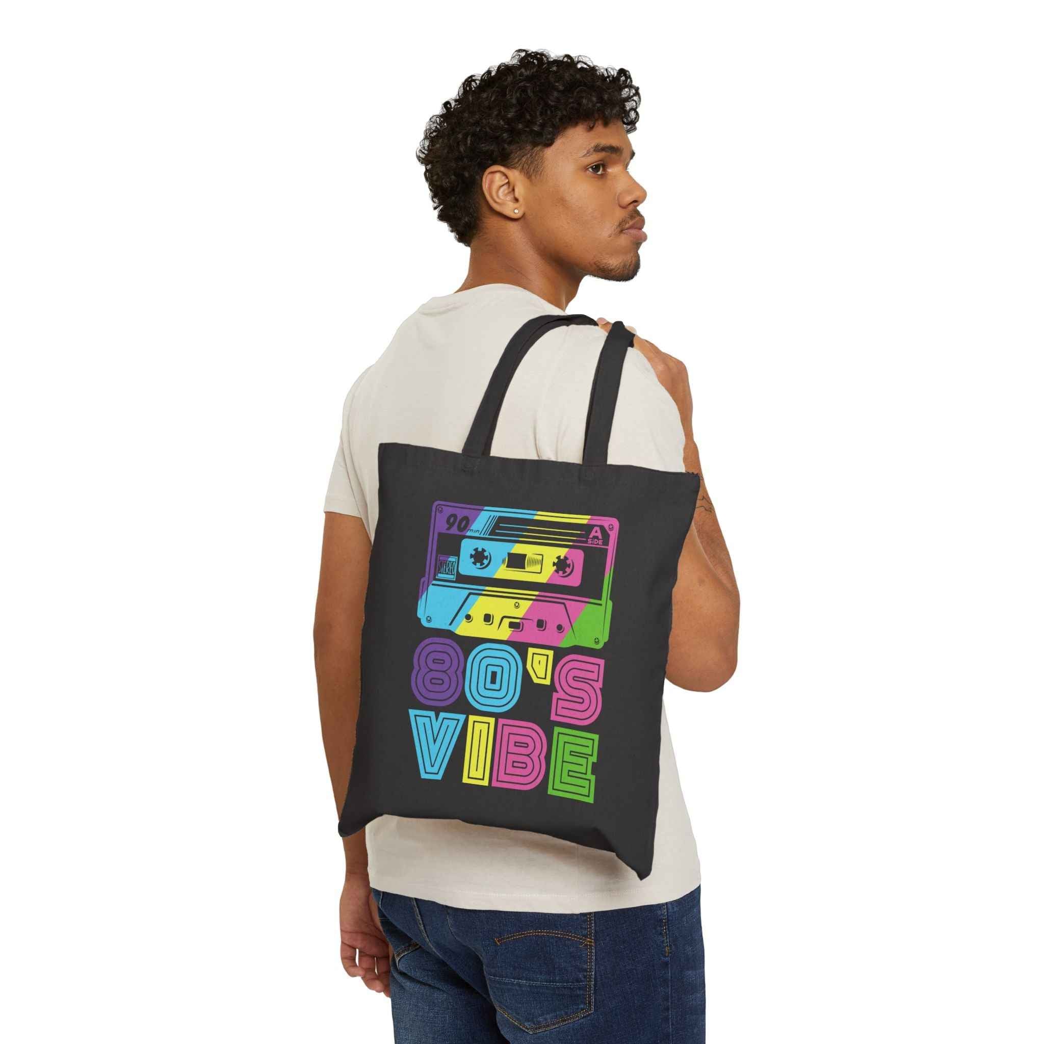 80's Vibe Retro Cassette Tote Bag — Neon 1980s Music Canvas Tote