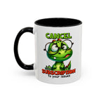 Mug with a cartoon dinosaur wearing glasses and text 'Cancel my subscription to your issues' on a white background.