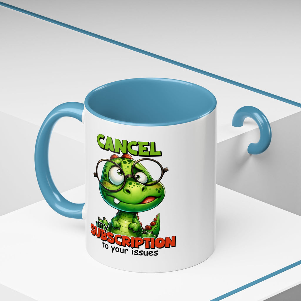 Mug with cartoon character and text 'Cancel my subscription to your issues' on a white background