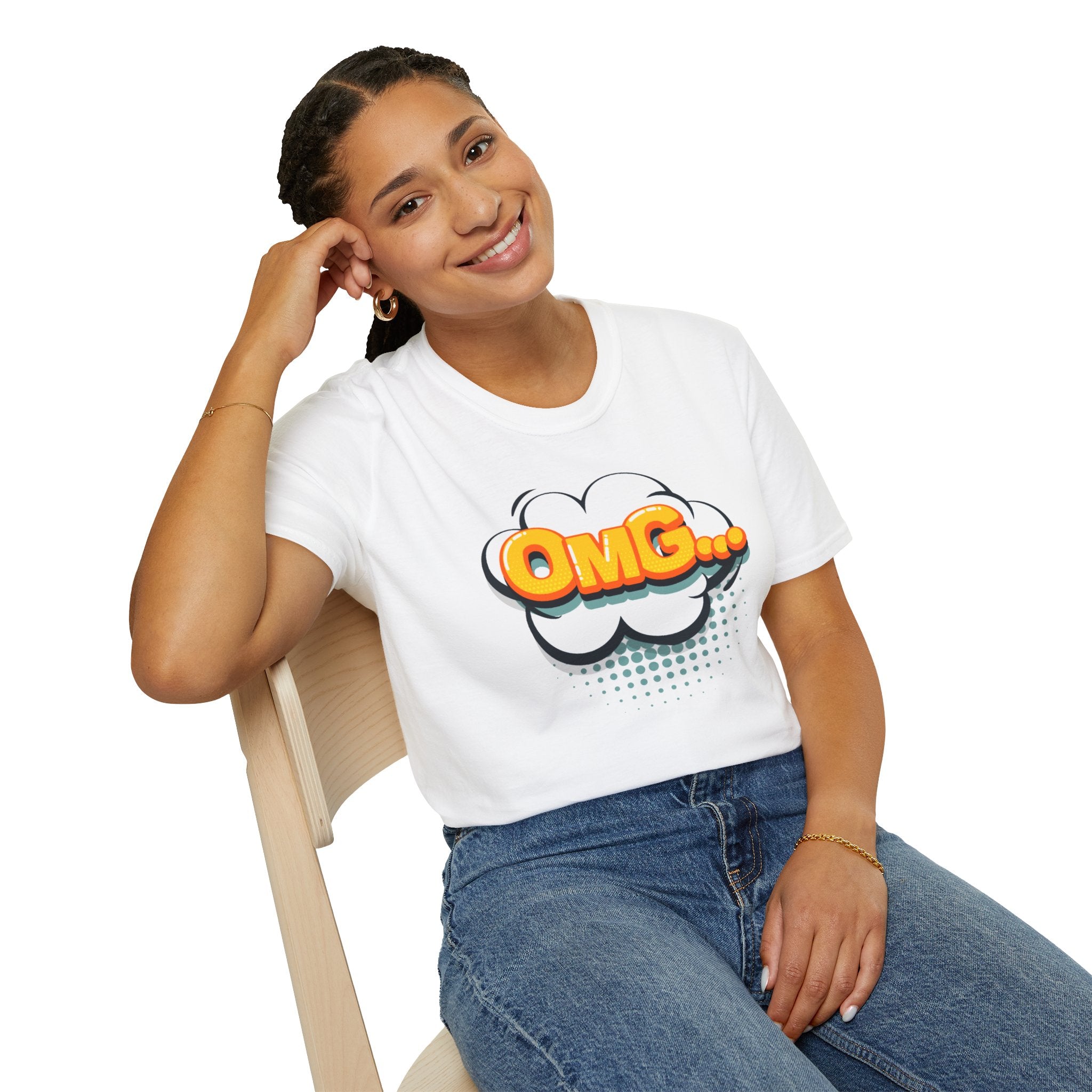 Person wearing a white t-shirt with 'OMG' graphic sitting on a chair.