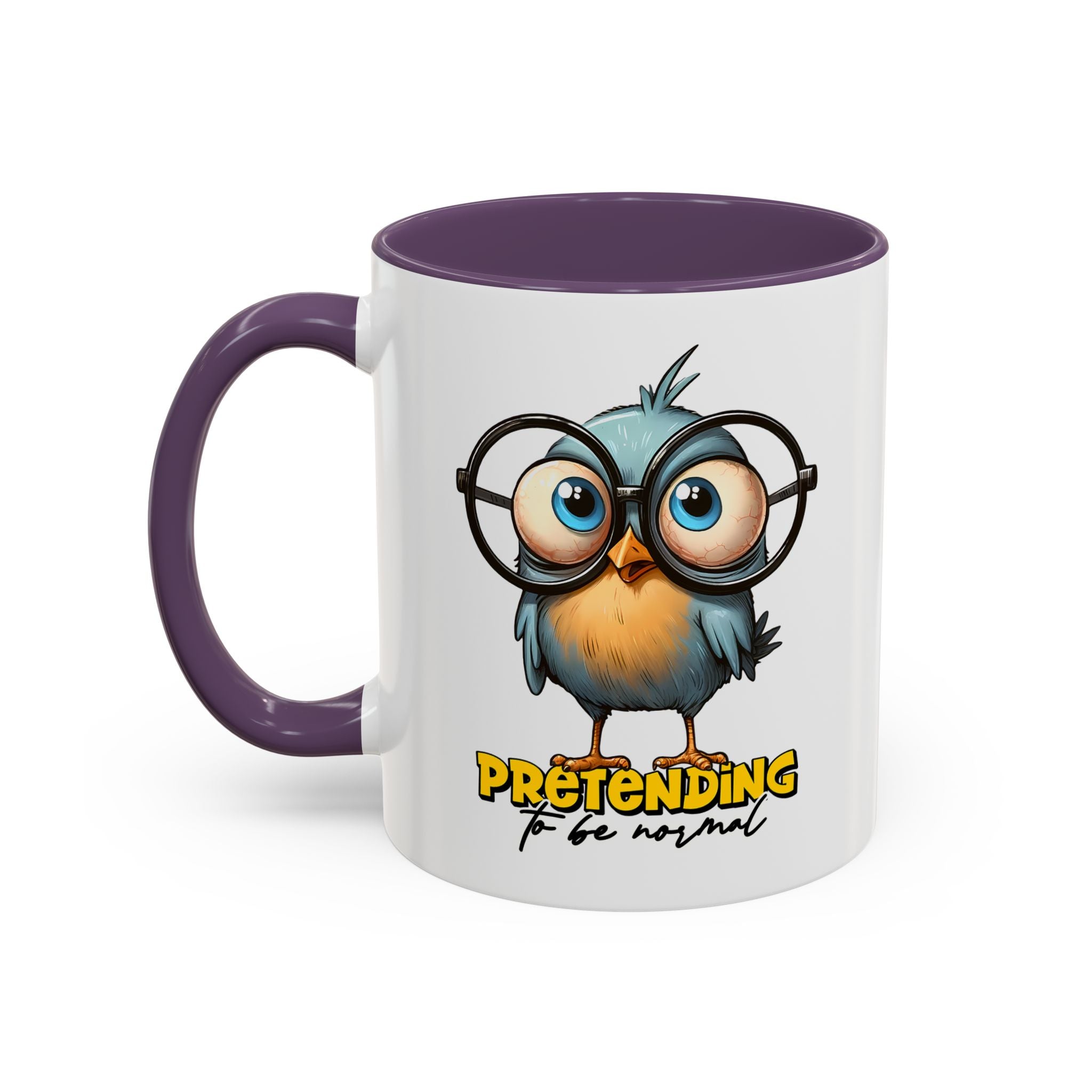 Mug with a cartoon bird wearing glasses and text 'Pretending to be normal' on a white background