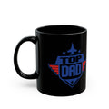 Black mug with 'Top Dad' design on a white background