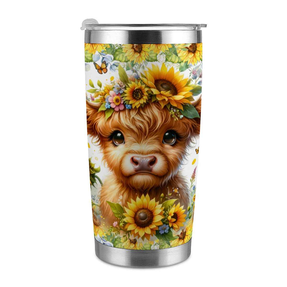 20oz Tumbler with Lid and Straw (Made in USA) baby highland cow sunflowers 20 oz