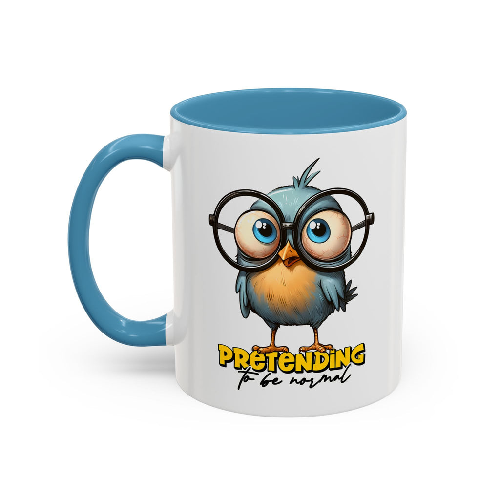 Mug with a cartoon bird wearing glasses and text 'Pretending to be normal' on a white background