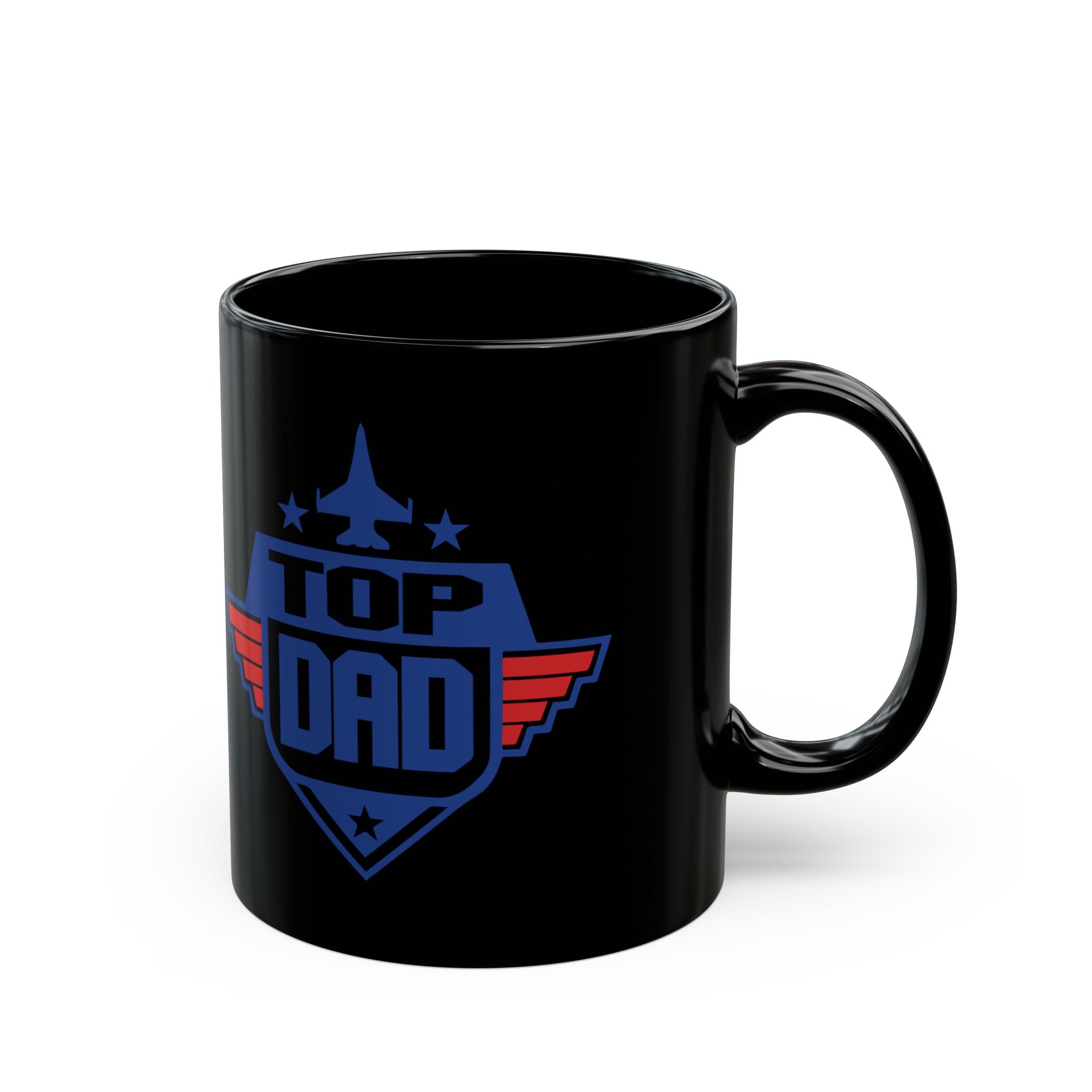 Black mug with 'Top Dad' design on a white background