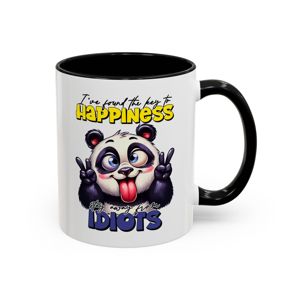 Mug with a cartoon panda holding up two fingers and text on a white background