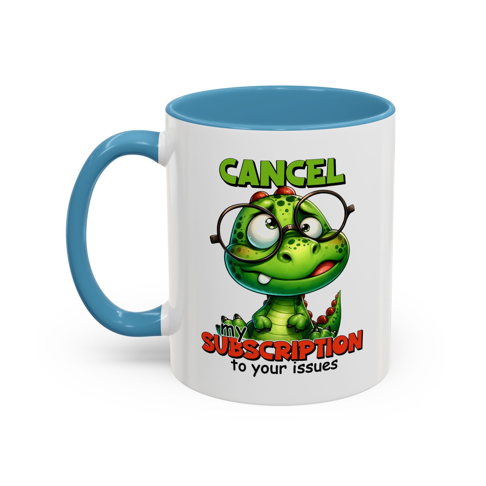 Mug with a cartoon dinosaur design and text on a white background