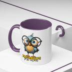 Mug with a cartoon owl design and text on a white background