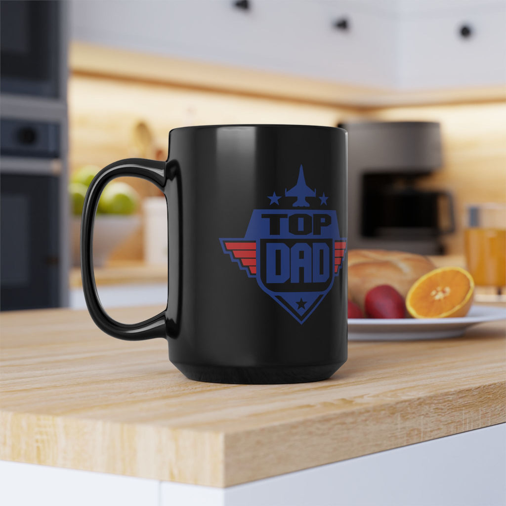 Black mug with 'Top Dad' design on a kitchen counter