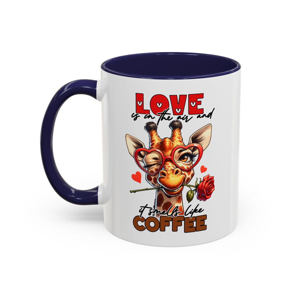 Mug with a giraffe design and text 'Love is in the air and it smells like coffee' on a white background