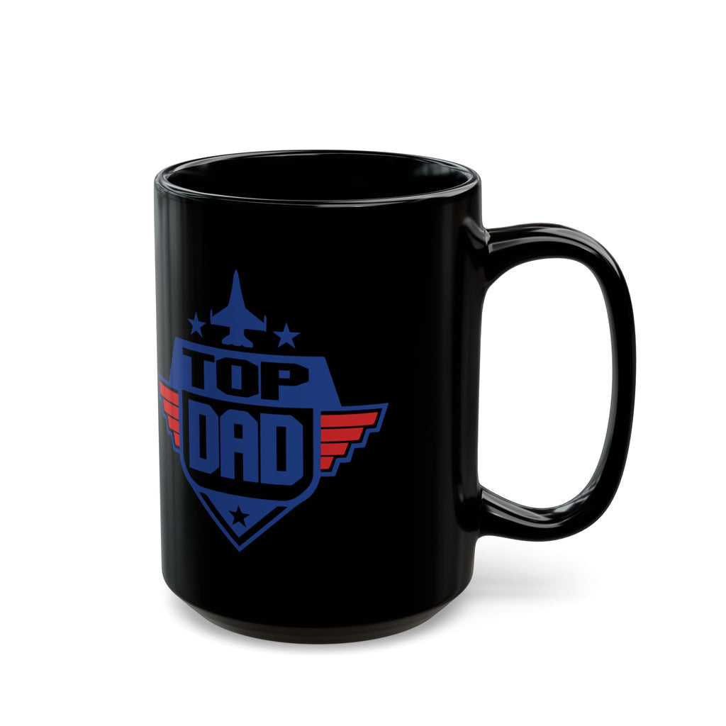 Black mug with 'Top Dad' design on a white background