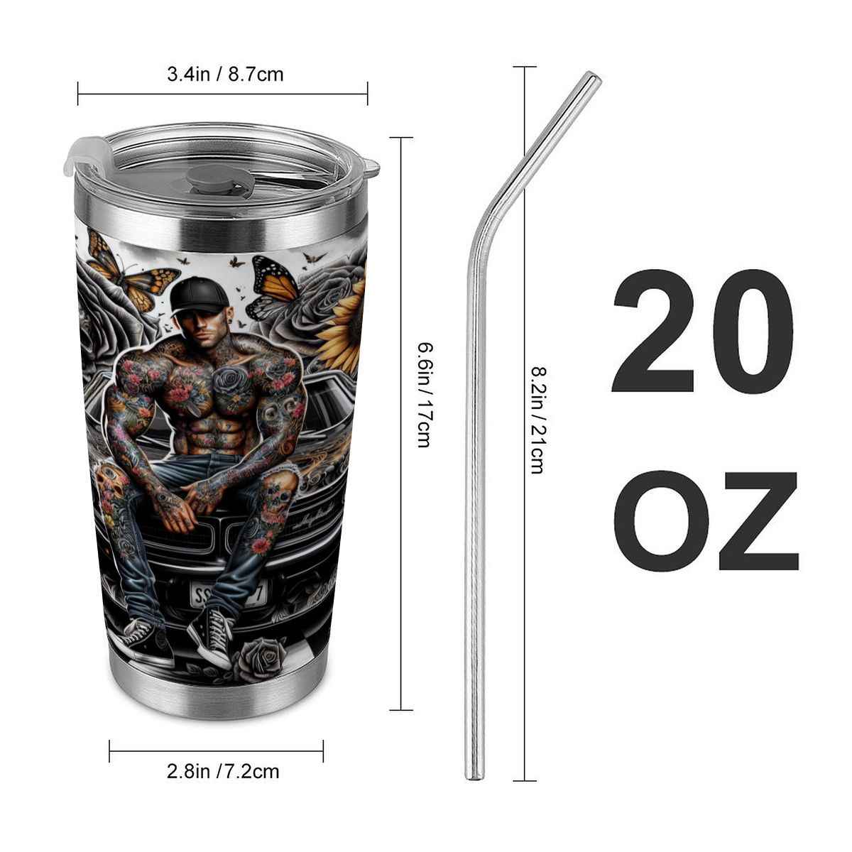 20oz Tumbler with Lid and Straw (Made in USA) tattoo man