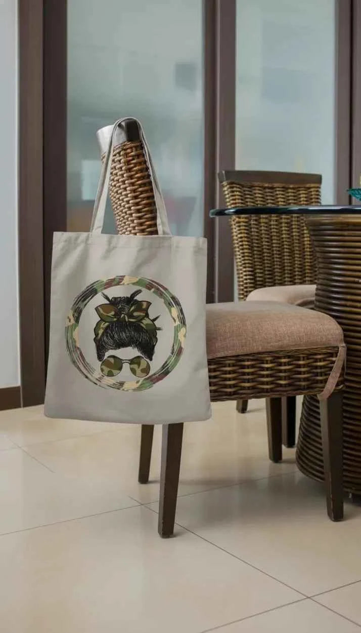 Camo Army Messy Bun Reusable Tote Bag, Shopping Bag with Handles