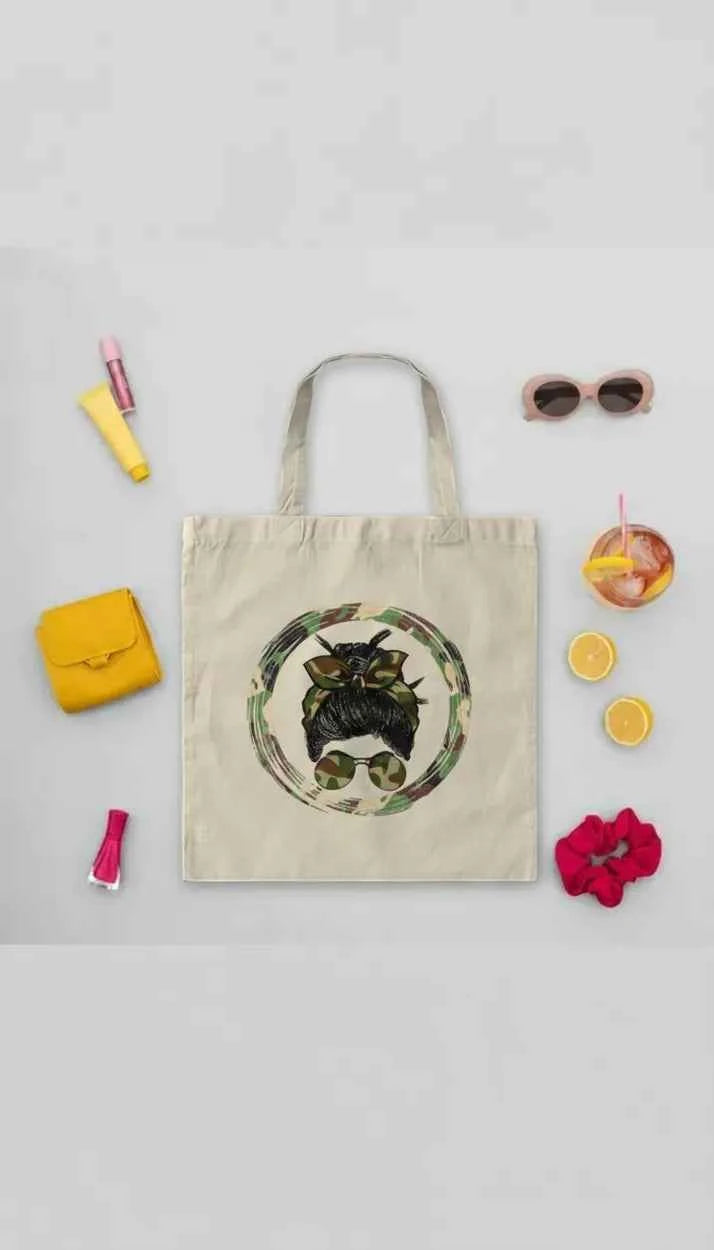 Camo Army Messy Bun Reusable Tote Bag, Shopping Bag with Handles