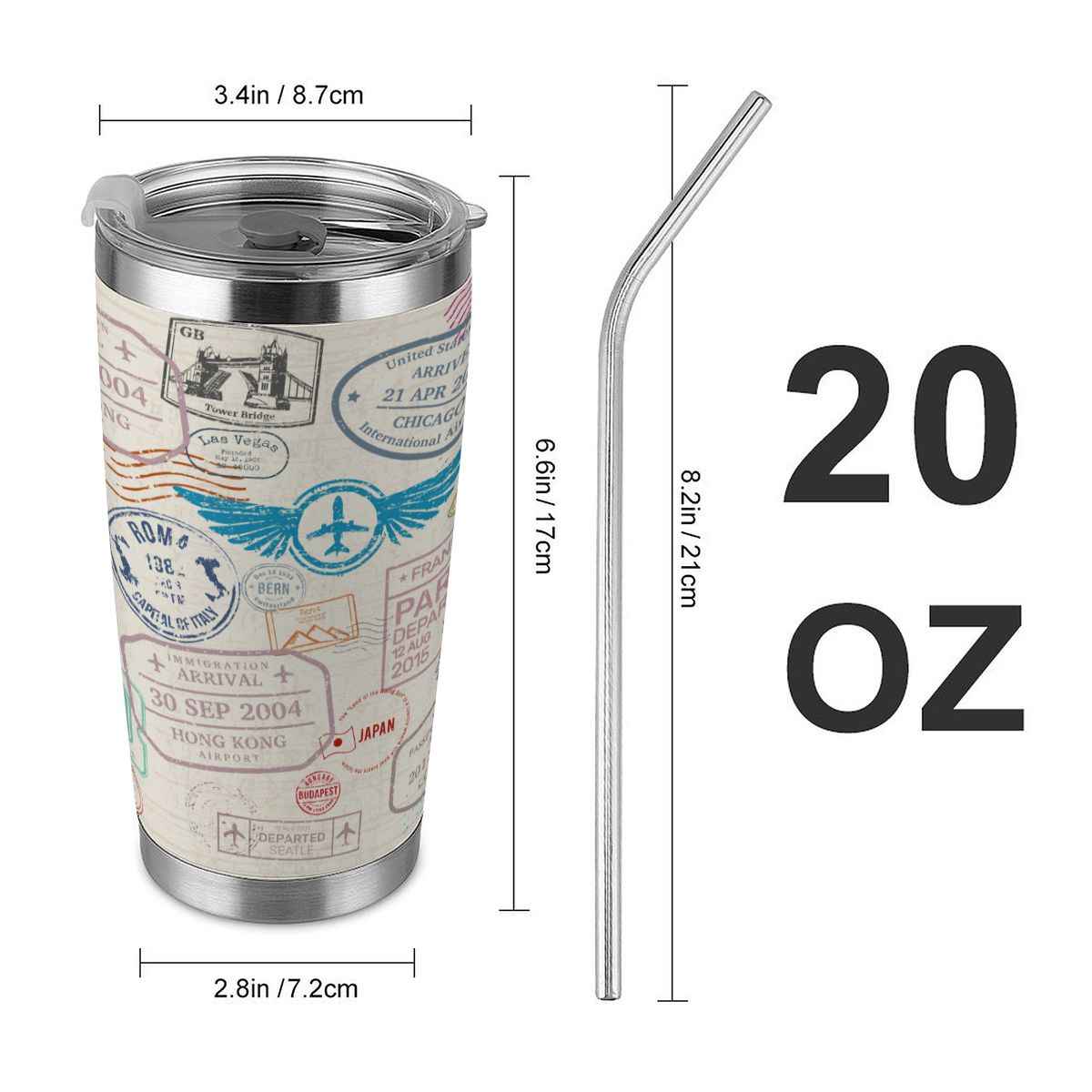 20oz Tumbler with Lid and Straw (Made in USA) 20oz Tumbler Travel Passport Stamp