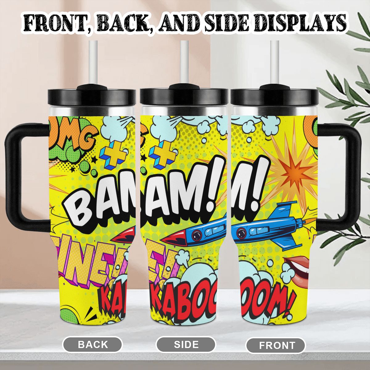 Three colorful tumblers with comic book-style text and graphics on a neutral background.