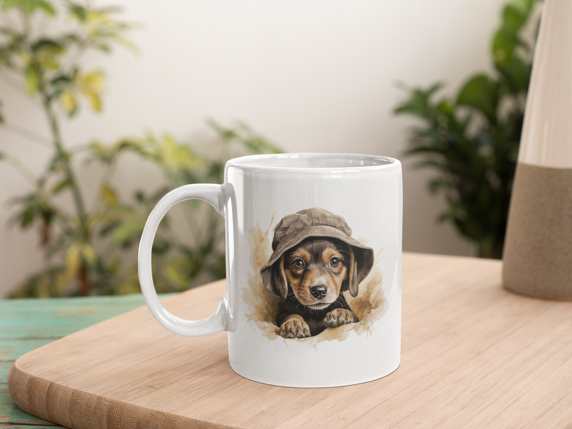 Decorative Ceramic Coffee Mug Beagle Art, White, Dog with Hat Design