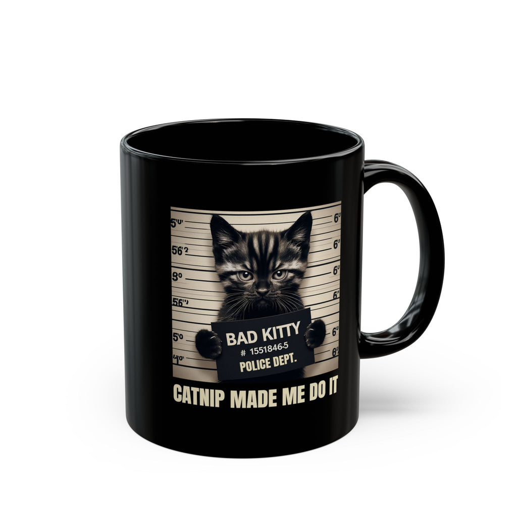Black mug with a cat graphic and text on a white background