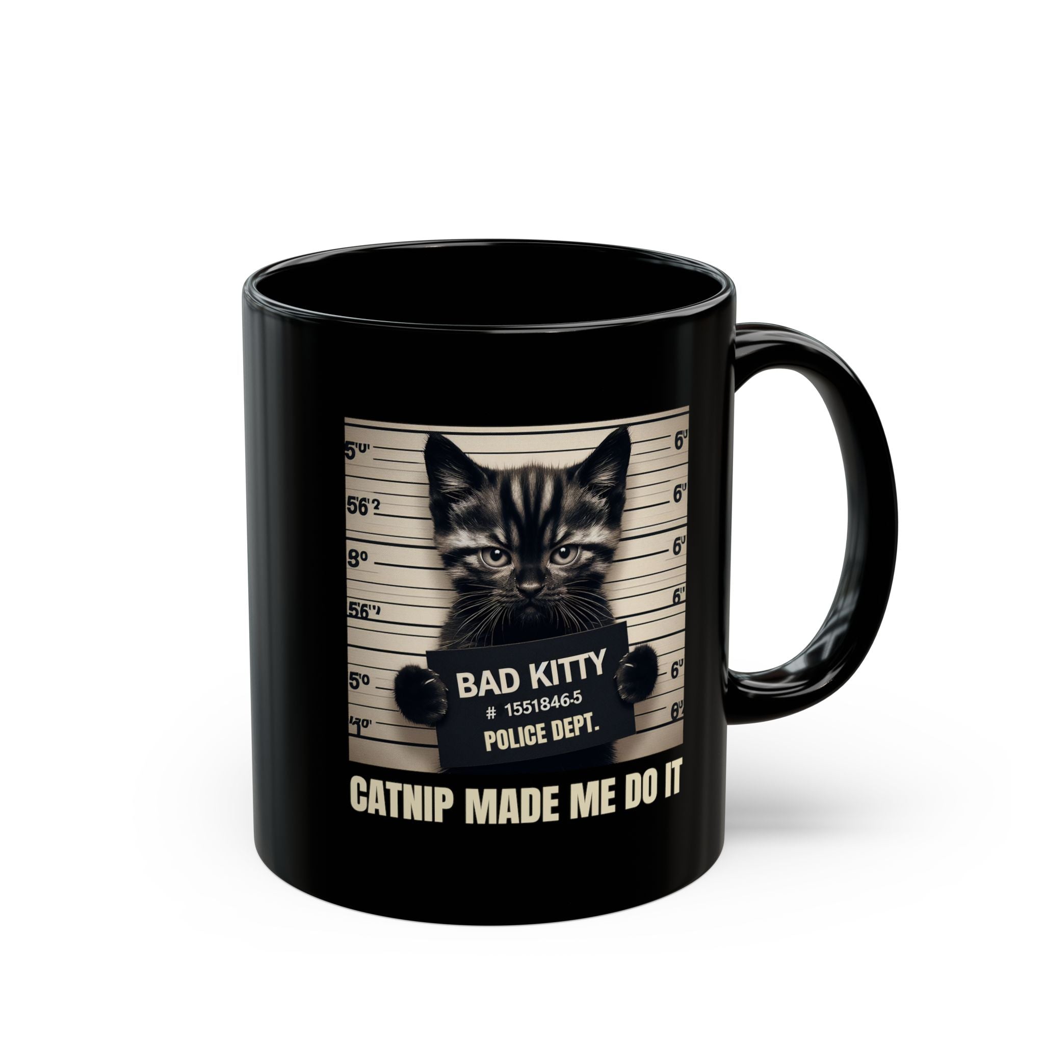 Black mug with a cat graphic and text on a white background