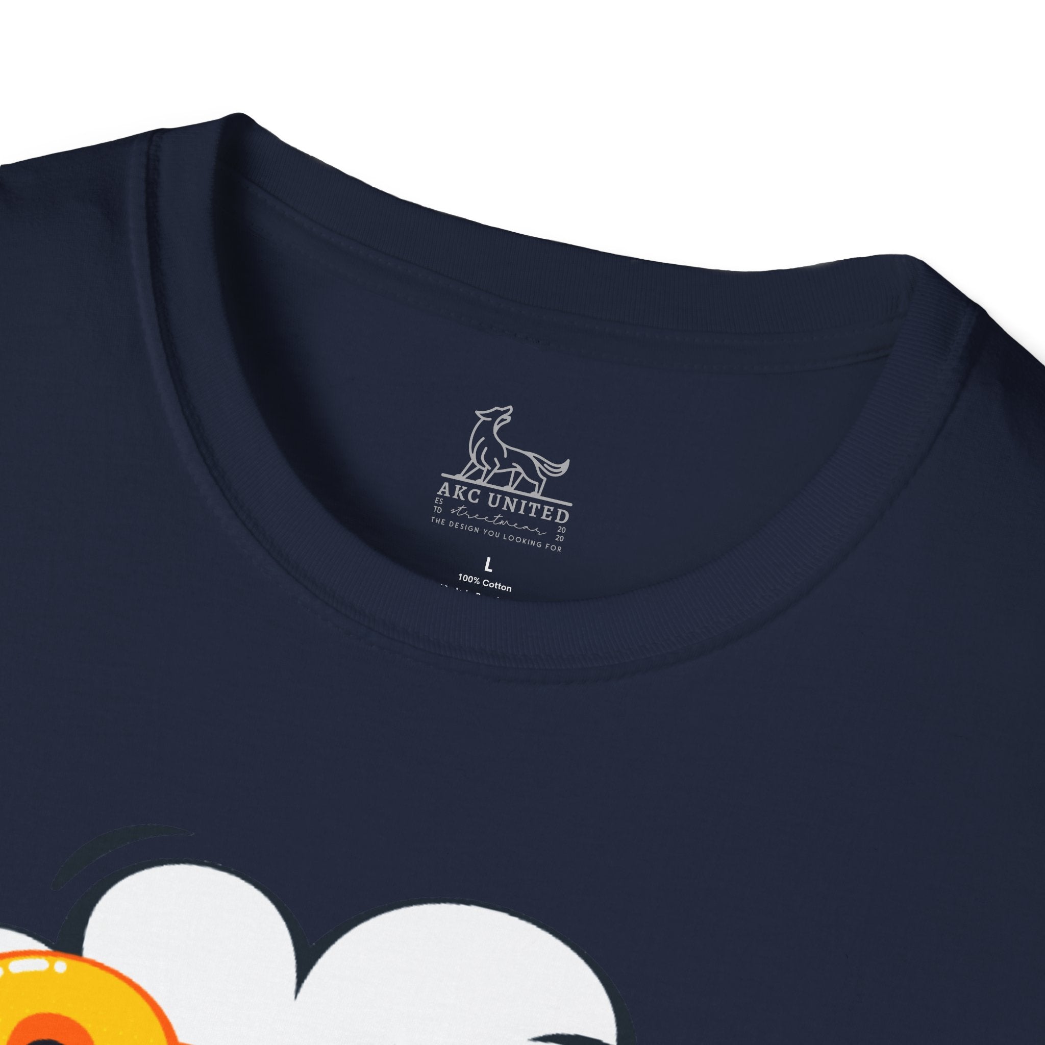 Navy blue t-shirt with a logo and text on the collar area