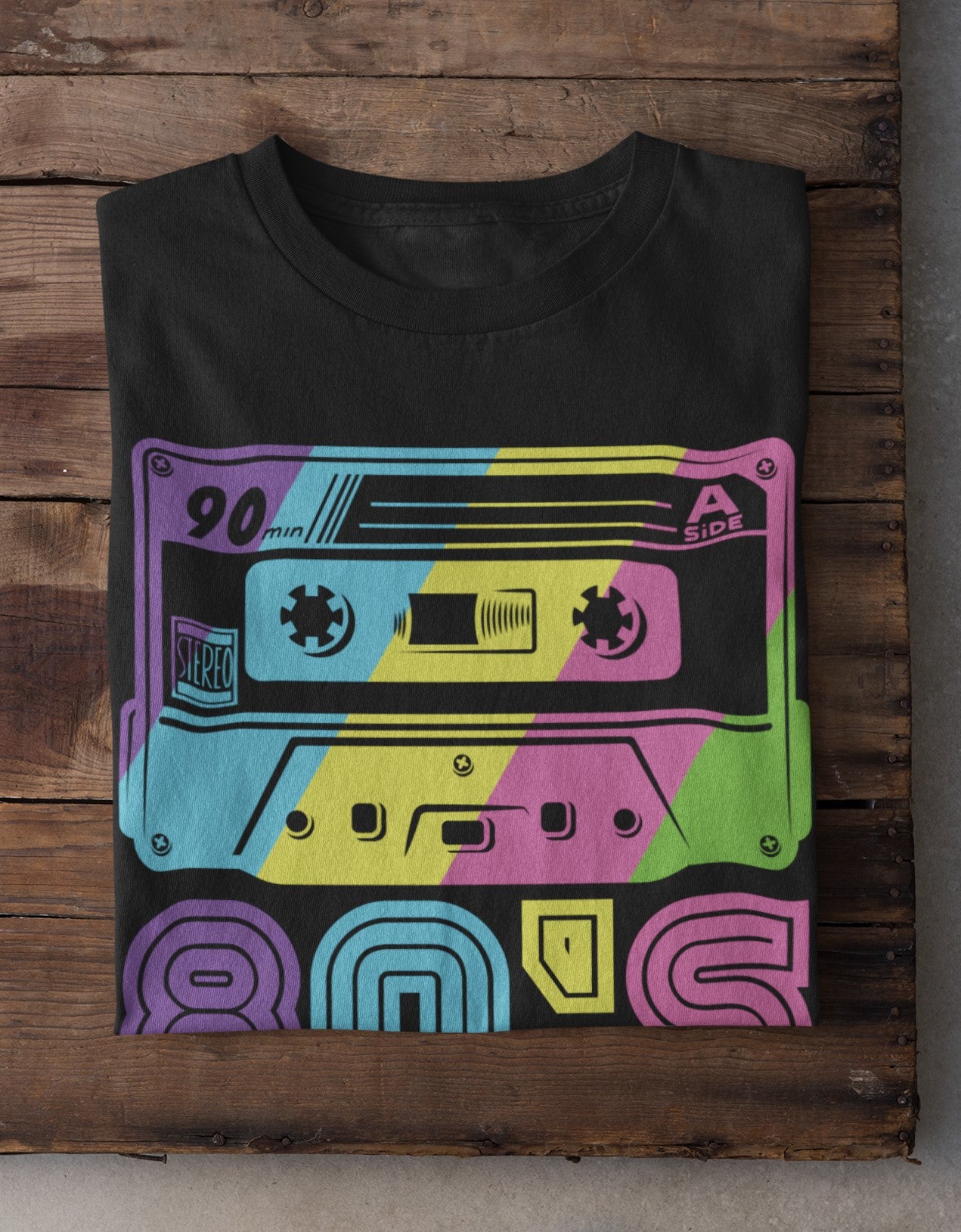 80's Vibe Retro Cassette T-Shirt, Black, Rainbow Graphic Design (US, Alpha, Small, Regular, Regular)