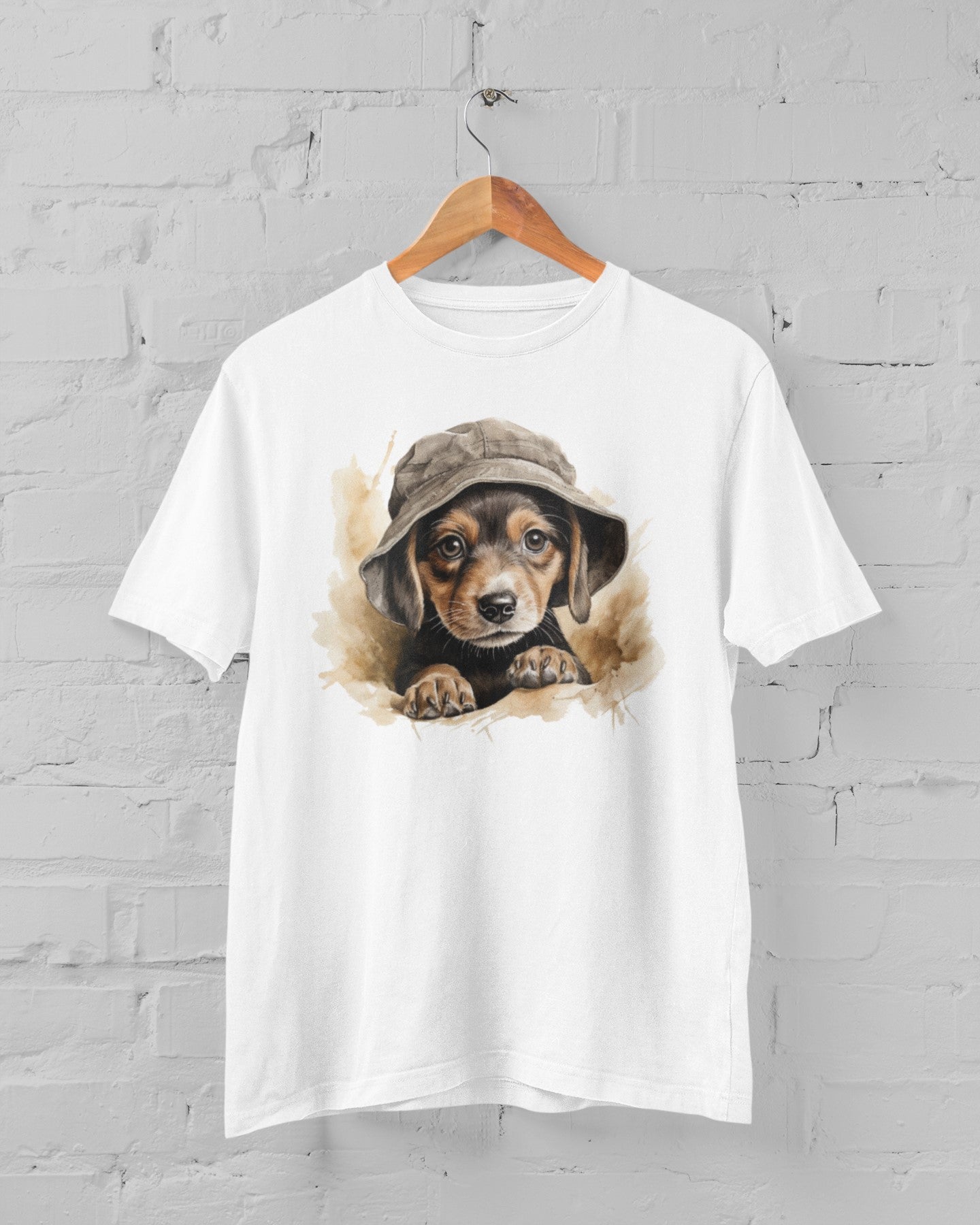 Beagle Dog Art T-Shirt, White Cotton, Bucket Hat Design, Short Sleeve, Crew Neck (White)