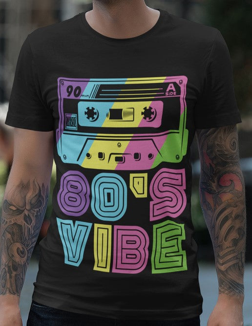 80's Vibe Retro Cassette T-Shirt, Black, Rainbow Graphic Design (US, Alpha, Small, Regular, Regular)