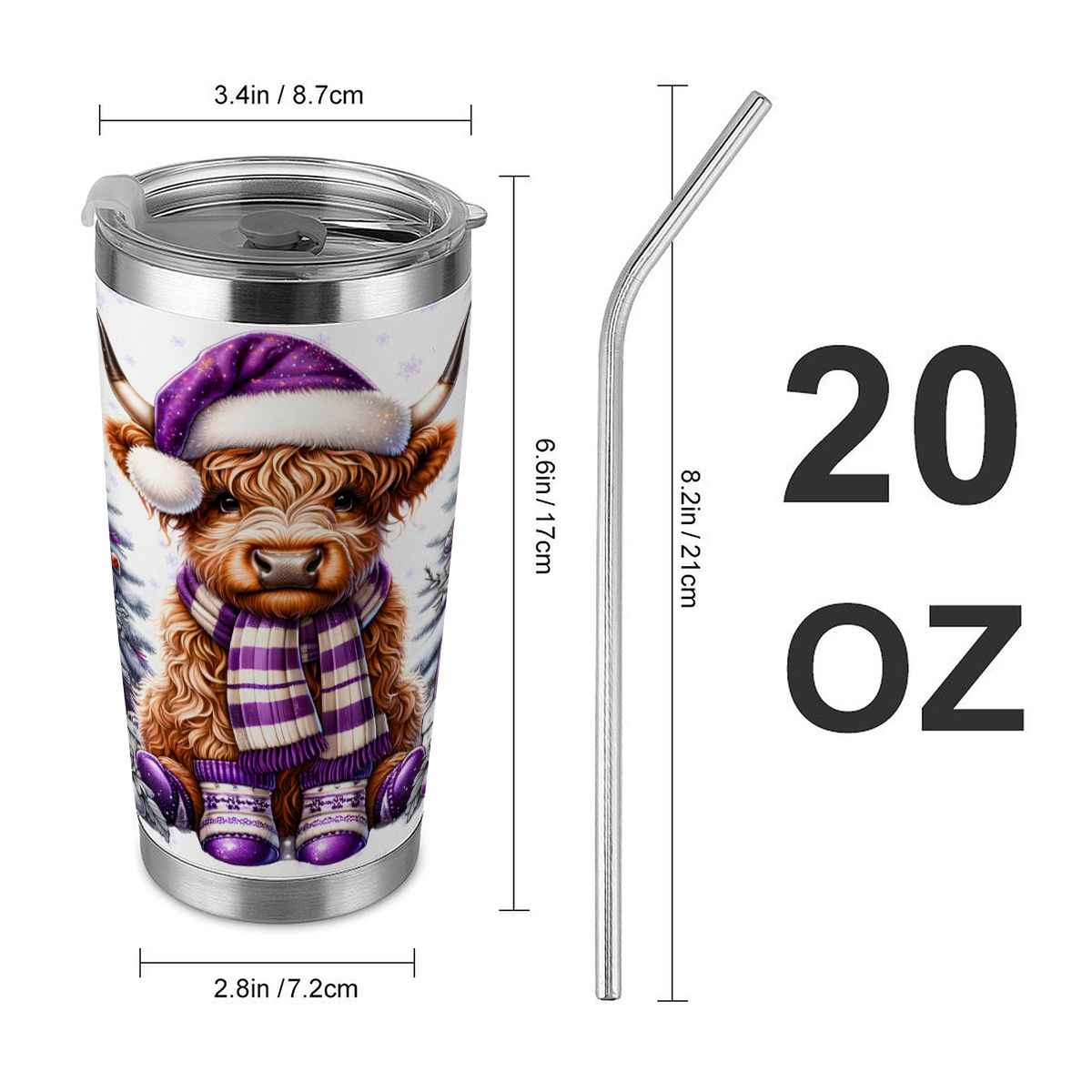 20oz Tumbler with Lid and Straw (Made in USA) purple highland cow