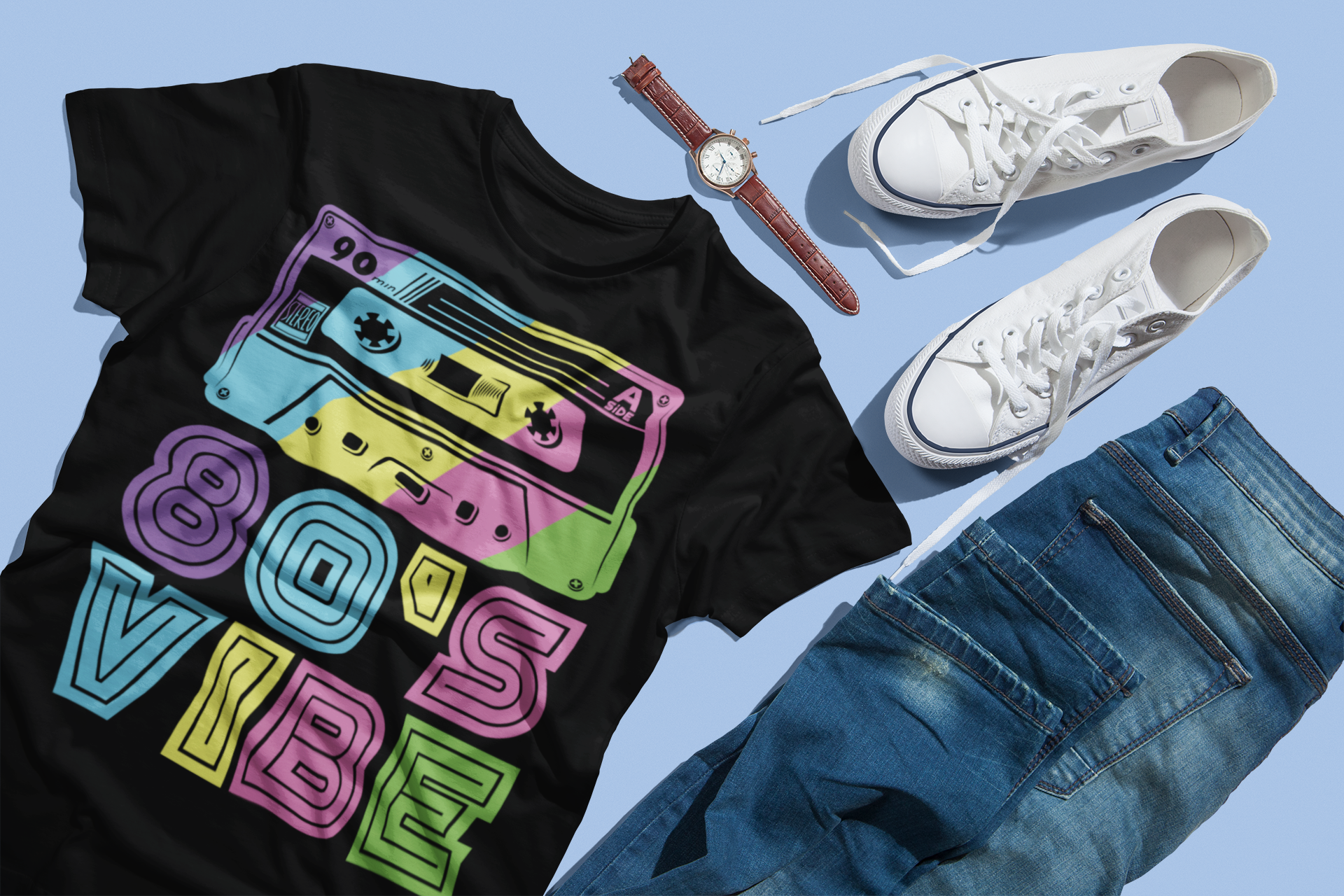 80's Vibe Retro Cassette T-Shirt, Black, Rainbow Graphic Design