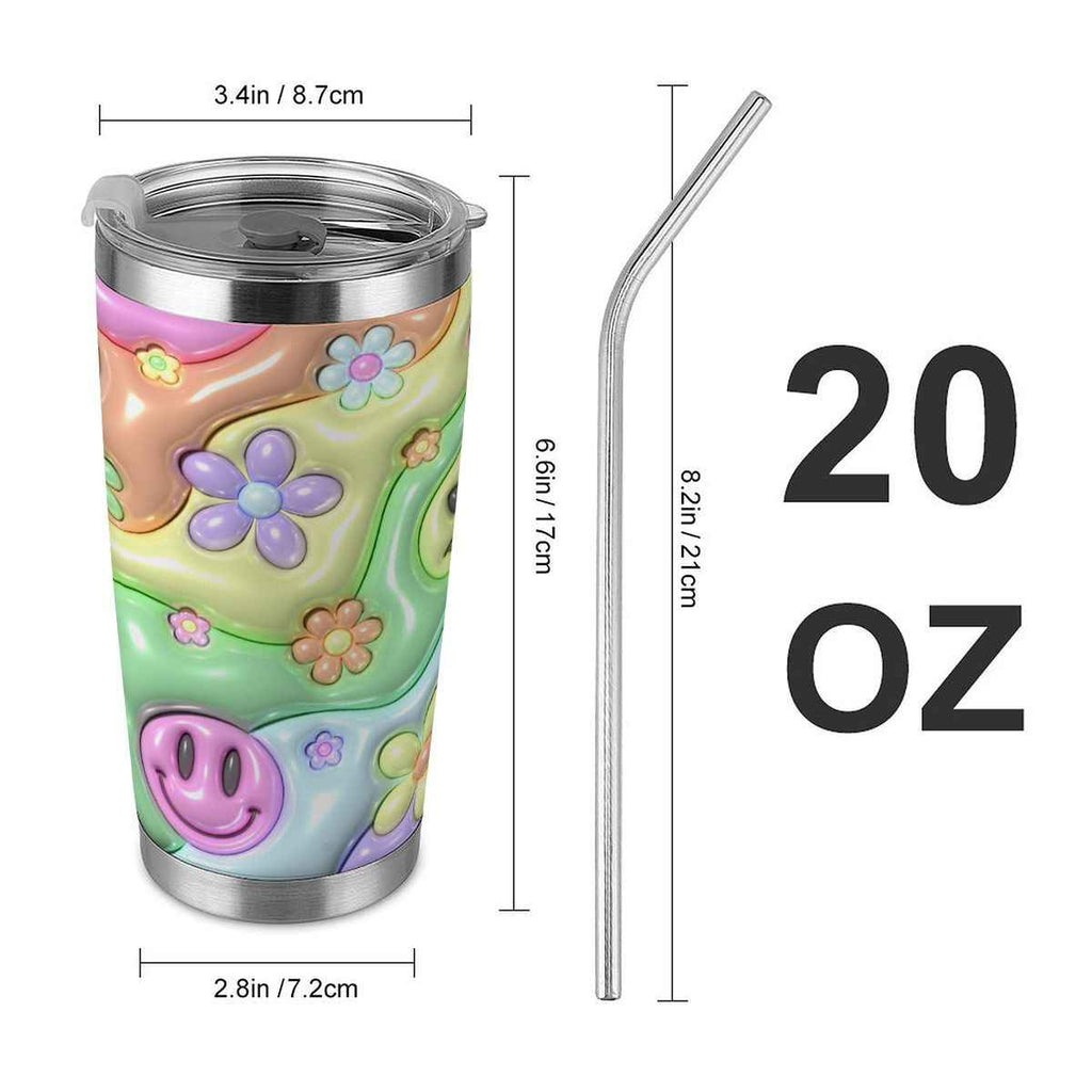 20oz Tumbler with Lid and Straw (Made in USA) Inflated Smiley Floral 20oz Tumbler