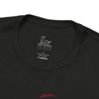 Black t-shirt with a logo and text on the collar against a white background