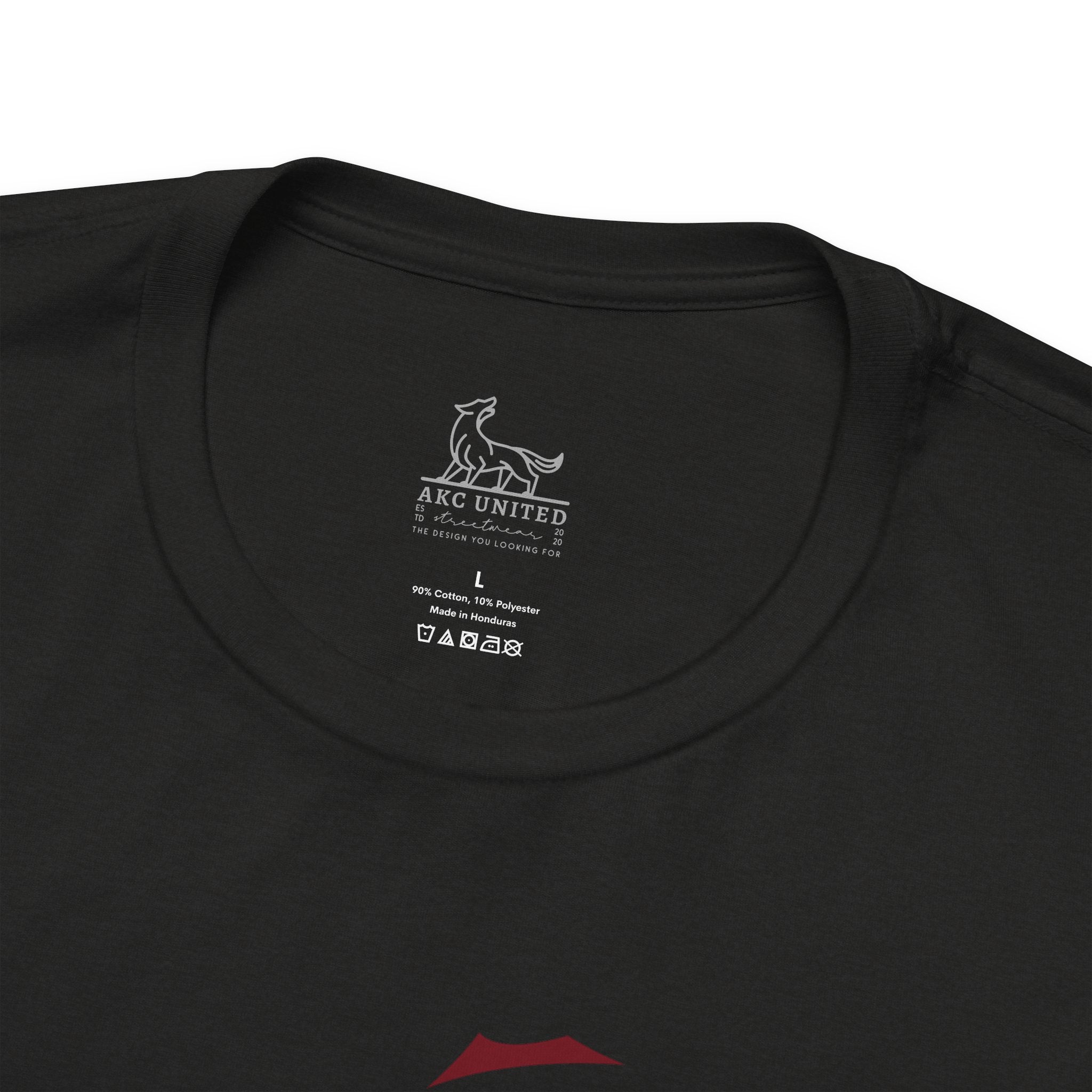 Black t-shirt with a logo and text on the collar against a white background