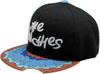 Donut Print Snapback Hat, Black Munchies Flat Brim Cap with Embroidered Logo, Adjustable Hip Hop Style Headwear